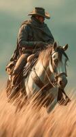 Cowboy riding a white horse through golden grasslands during sunset in the western countryside photo