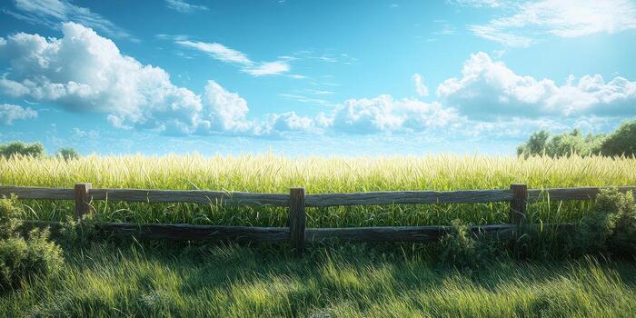Expansive green field under a bright blue sky with fluffy clouds in late afternoon light photo