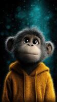Monkey character wearing a hoodie looks up with curiosity in a vibrant background photo