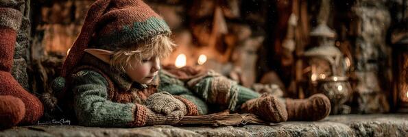 Young elf reading by a cozy fireplace during winter, surrounded by warm lights and holiday decorations photo