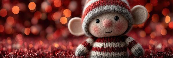 Cheerful knitted elf doll with striped sweater among sparkling holiday decorations in a festive atmosphere photo