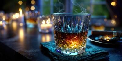 Cozy evening with a glass of whiskey and ambient candlelight in a warm setting photo