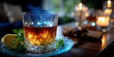 Elegant drink with lemon and herbs on a decorative plate surrounded by candles in a cozy indoor setting during the evening photo