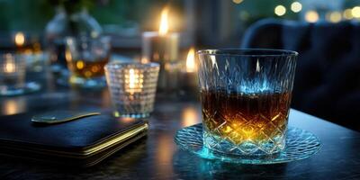 Evening setting featuring a crystal glass of whiskey beside candles and a notebook on a dark table photo