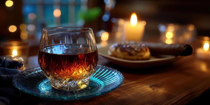 Enjoying a fine glass of whiskey at a cozy dimly lit setting with candles and pastries photo