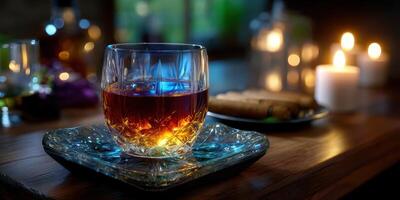 Rich amber whiskey in a crystal glass beside soft candlelight and snacks on a wooden table at night photo