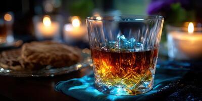 Warm evening gathering with whiskey and cookies on a cozy table by candlelight in a relaxed atmosphere photo