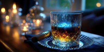 Enjoying a fine whiskey in a dimly lit room with candles during a relaxing evening photo