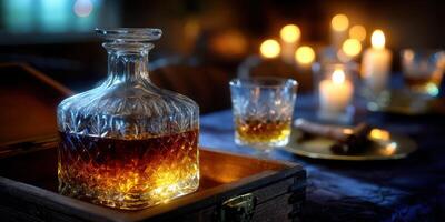 Elegant whiskey decanter glows warmly in cozy candlelit setting, creating inviting atmosphere for intimate gathering or celebration photo