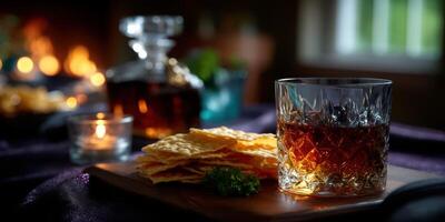 Evening gathering featuring snacks and a glass of whiskey on a wooden board in a softly lit room photo