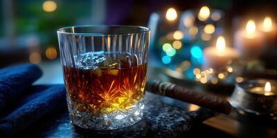 Whiskey in a crystal glass beside a lit cigar and candles on a dark countertop at night photo