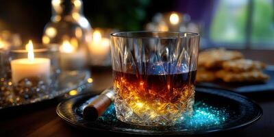 Refreshing cocktail served in a crystal glass with candles and cookies on an elegant dining table at night photo