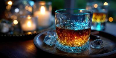 Whiskey served in a crystal glass with ice and candles illuminating the background at a cozy setting photo