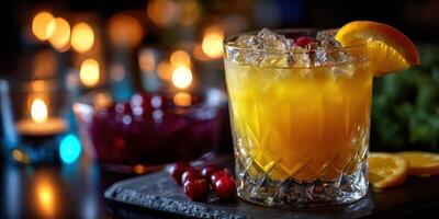 Refreshing cocktail with citrus and cherries served in a chic bar setting during evening hours photo