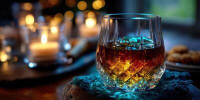 Elegant whiskey glass on a cozy table with soft candlelight during a relaxed evening gathering photo