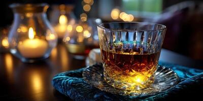 Elegant glass of whiskey illuminated by warm candlelight in a cozy setting during the evening hours photo