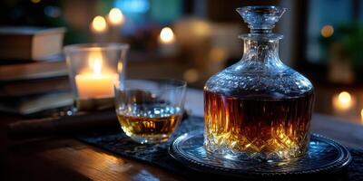 Elegant whiskey decanter and glass on wooden table surrounded by candles and books creating a cozy atmosphere photo