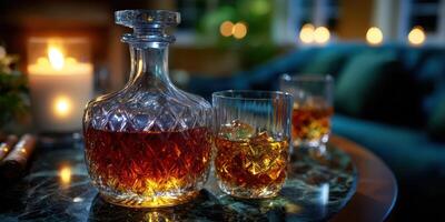 Elegant whiskey decanter and glasses set on a marble table in a cozy, softly lit living room photo