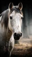 Majestic white horse standing in a serene setting during golden hour light photo