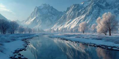 Majestic snowy mountains reflect in a serene river surrounded by frosted trees under a clear winter sky at dawn photo