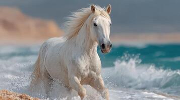 White horse gallops through ocean waves on a sunny beach during the golden hour photo