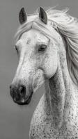 Majestic white horse with flowing mane stands proud against a soft gray backdrop in a serene setting photo