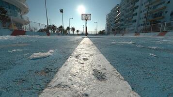 Empty basketball court under bright sun with a clear blue sky and palm trees in the background early in the morning photo