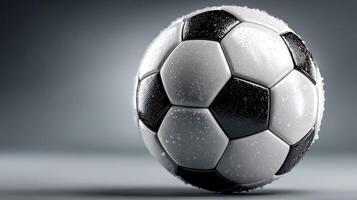 Soccer ball resting on a wet surface with droplets glistening under soft light during an indoor setting photo
