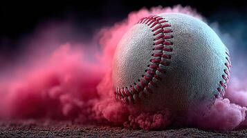 Baseball resting on a surface surrounded by colorful powder during an energetic sports event photo