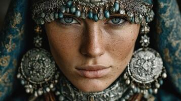Captivating portrait of a woman in traditional attire showcasing intricate jewelry and striking blue eyes during a cultural celebration photo