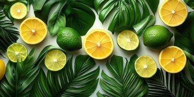Bright citrus fruits and tropical leaves arranged on a light surface showcasing a refreshing summer vibe photo