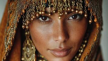 Beautiful woman with ornate jewelry and detailed headpiece in traditional attire during a cultural celebration photo