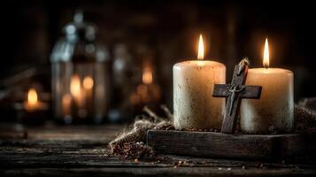 Candles and wooden cross create a serene atmosphere in a dimly lit space photo