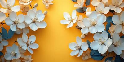 Flowers adorn a vibrant yellow background creating a cheerful atmosphere for spring or summer celebrations photo