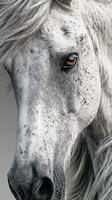 Stunning close-up of a white horse showcasing intricate details and a captivating gaze in serene lighting photo