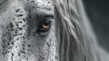 Close-up of a horse's eye showcases its unique markings and flowing mane set against a soft background in natural light photo