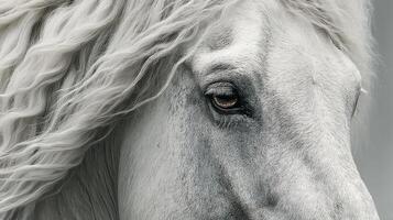 Close-up of a majestic white horse with flowing mane highlighting its expressive eye in a serene setting photo