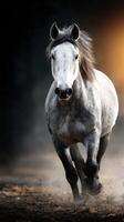 Majestic gray horse running swiftly through a dusty landscape during golden hour lighting photo