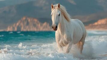 Majestic white horse galloping through ocean waves at sunset on a serene beach landscape photo