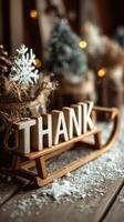 Decorative wooden sled with thank message amidst festive decorations during winter holiday season photo