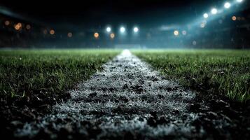 Evening football match on a rain-soaked field with floodlights illuminating the pitch and creating a dramatic atmosphere photo