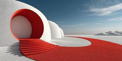 Unique modern architecture featuring a curved entrance and red steps against a clear blue sky at a serene landscape photo
