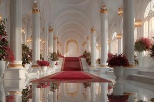 Grand interior of an elegant hall showcasing luxurious design and detailed architecture with vibrant floral arrangements photo