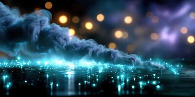 Mystic smoke swirls above sparkling water with shimmering lights in the background at nighttime photo
