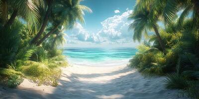 Tropical beach pathway with lush greenery leading to serene ocean waves under a bright sky photo