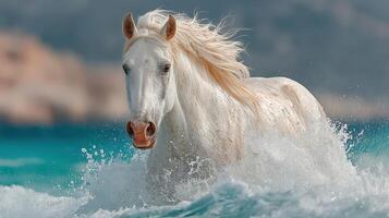 Majestic white horse galloping through turquoise waves on a sunny day by the shoreline photo
