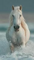 Majestic white horse running through ocean waves at sunset on a tranquil beach photo