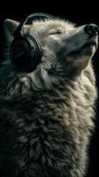 Wolf enjoys music with headphones in a serene and peaceful moment in a dark setting photo