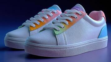 Colorful casual sneakers on a display with a vibrant background at a retail store photo