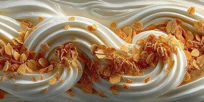 Creamy texture with crispy oat flakes creates a delicious dessert topping in bright light photo